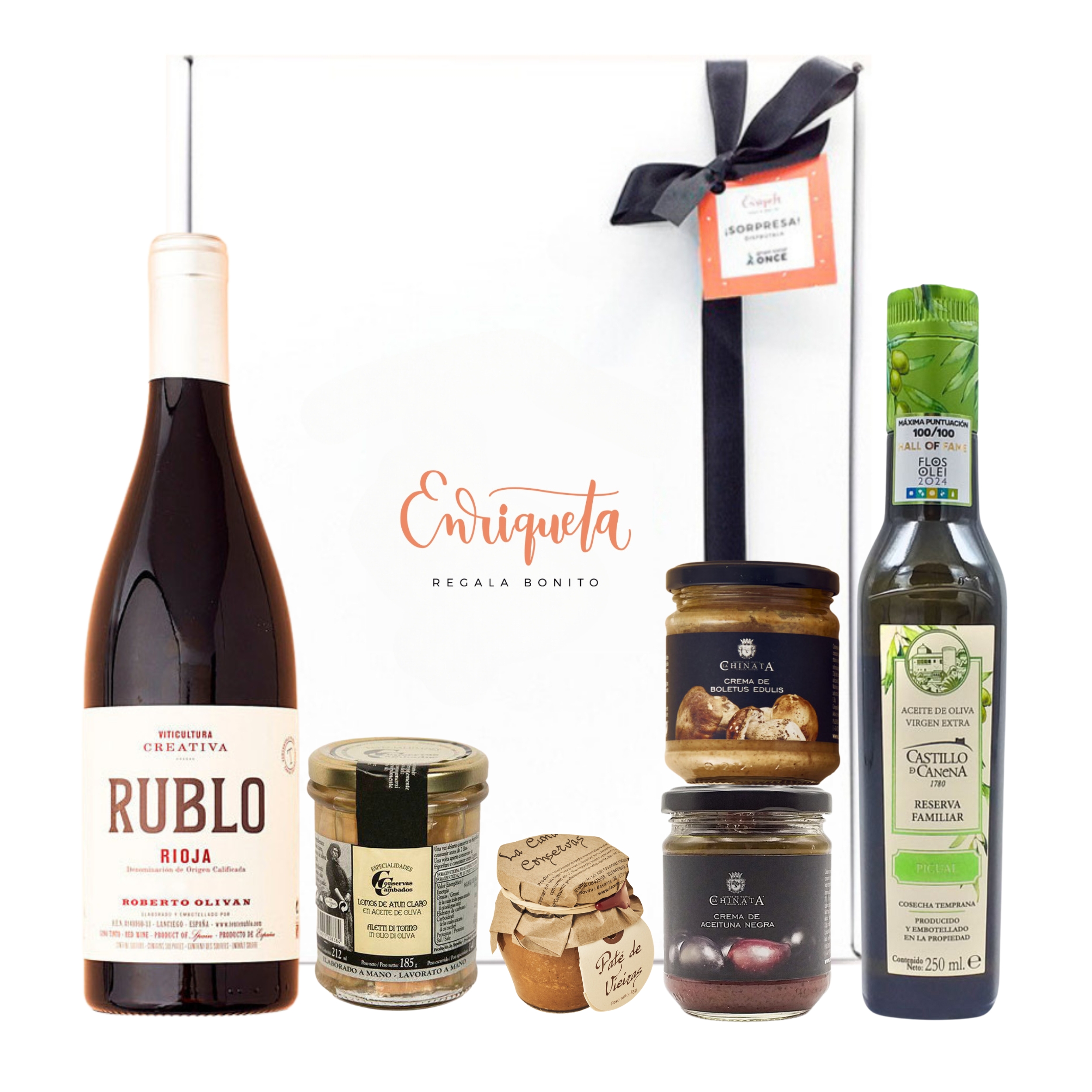 Imagen de Cesta Productos Gourmet Prémium: vino, aceite, atún, pate de vieiras, crema de aceituna negra y crema de boletus image number null